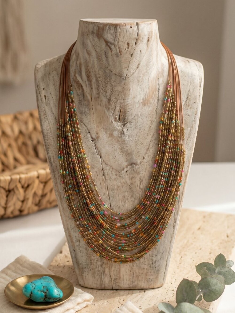 Seed Bead Multi Strand Statement Necklace Boho Western Multicolor Gold 18" - Picture 13 of 15
